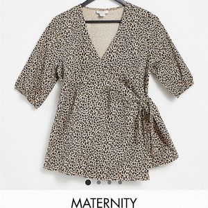 Topshop Maternity puff sleeve animal print wrap in tan